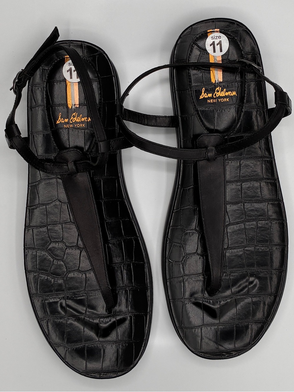Sam Edelman Naomi Black Croc-Embossed T-Strap Sandals Strappy NWOB